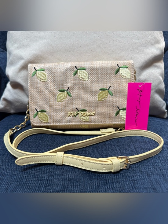 Betsey Johnson Handbags - Betsey Johnson Lemon Embroidered Beige Crossbody Bag with Yellow Strap